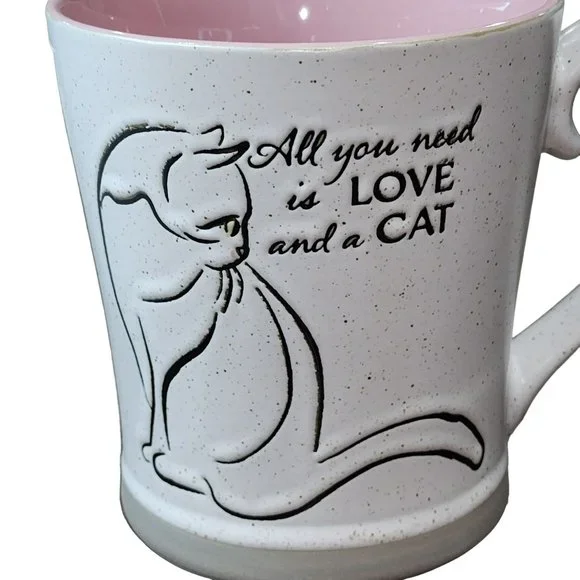 White And Pink Ceramic Cat Coffee Mug - All You Need Is Love And a Cat 16 Oz - Picture 8 of 16